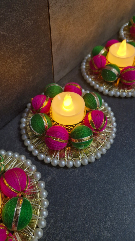 Handmade Colorful Tealight Holder for Diwali Decoration 2pcs - Decorative Pearl Studded Base Candle Holder