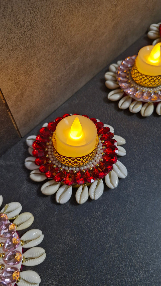 Handmade Seashell and Beaded Crystal Tealight Holder for Diwali Décor 2 pcs – Festive Decorative Candle Holder