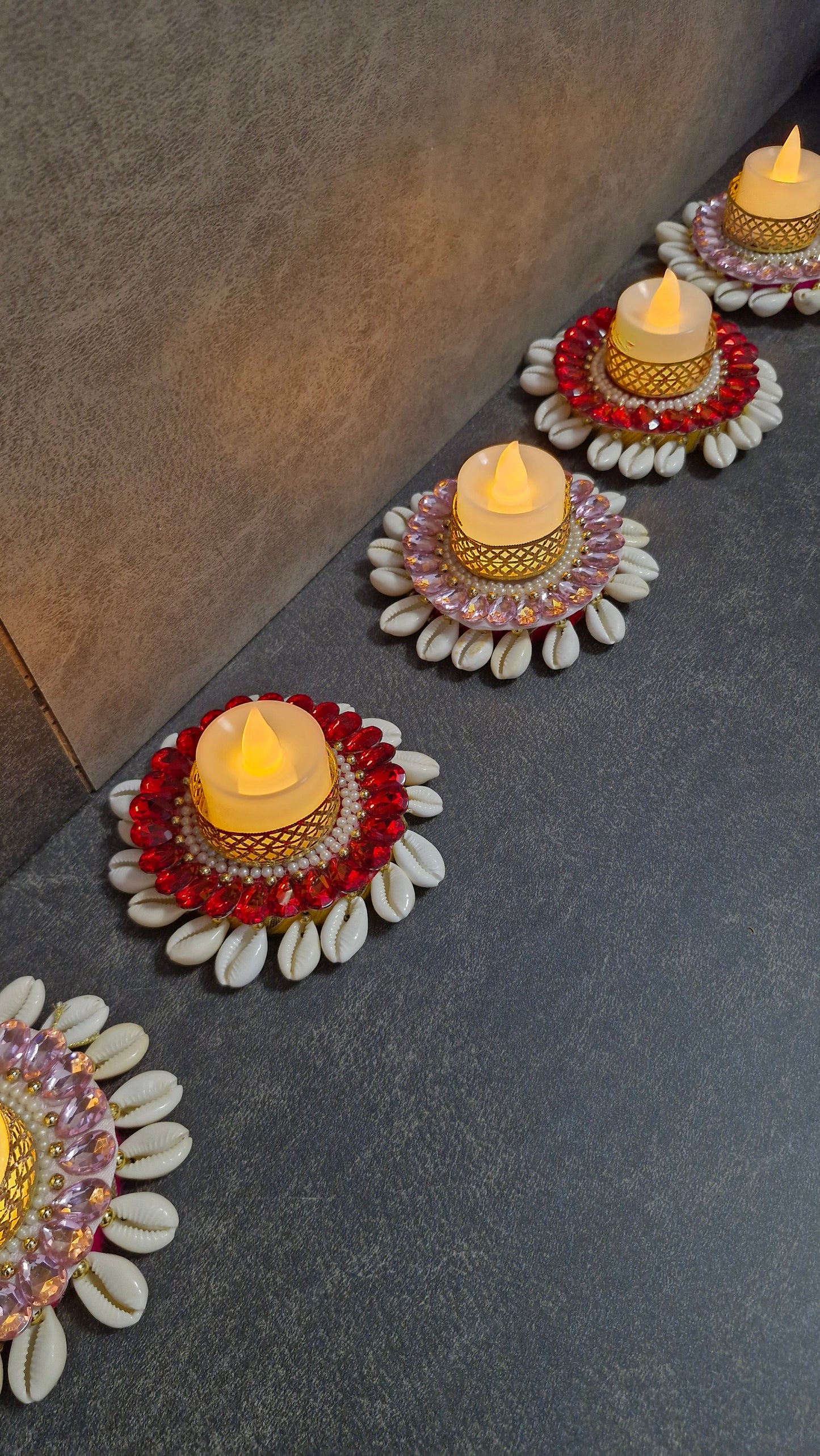 Handmade Seashell and Beaded Crystal Tealight Holder for Diwali Décor 2 pcs – Festive Decorative Candle Holder