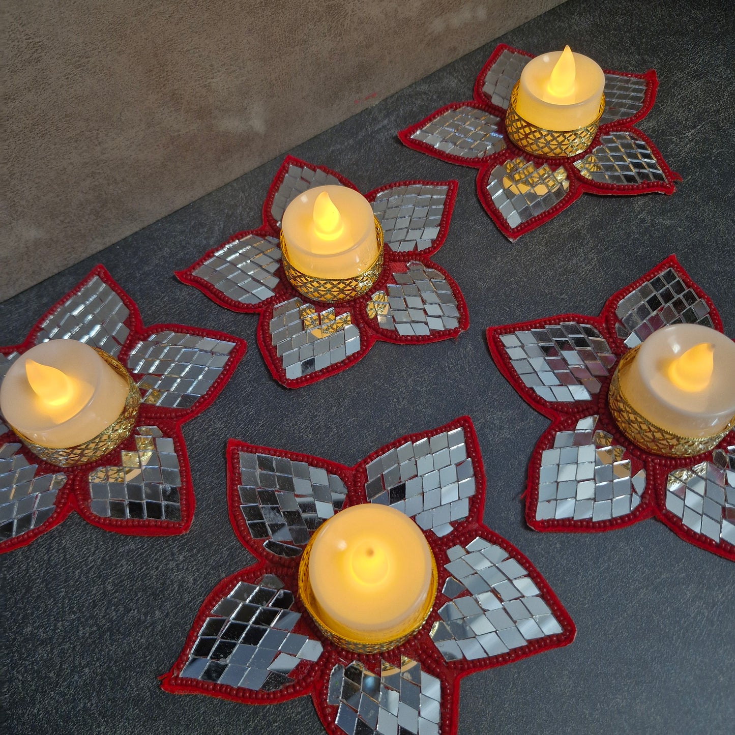 Lotus Mirror Tealight Holder for Diwali Décor 2pcs – Festive Decorative Candle Holder