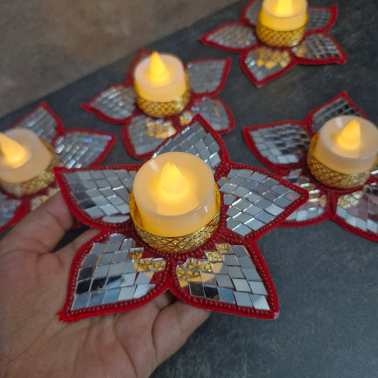 Lotus Mirror Tealight Holder for Diwali Décor 2pcs – Festive Decorative Candle Holder