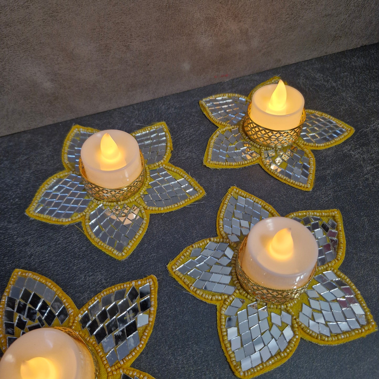 Lotus Mirror Tealight Holder for Diwali Décor 2pcs – Festive Decorative Candle Holder
