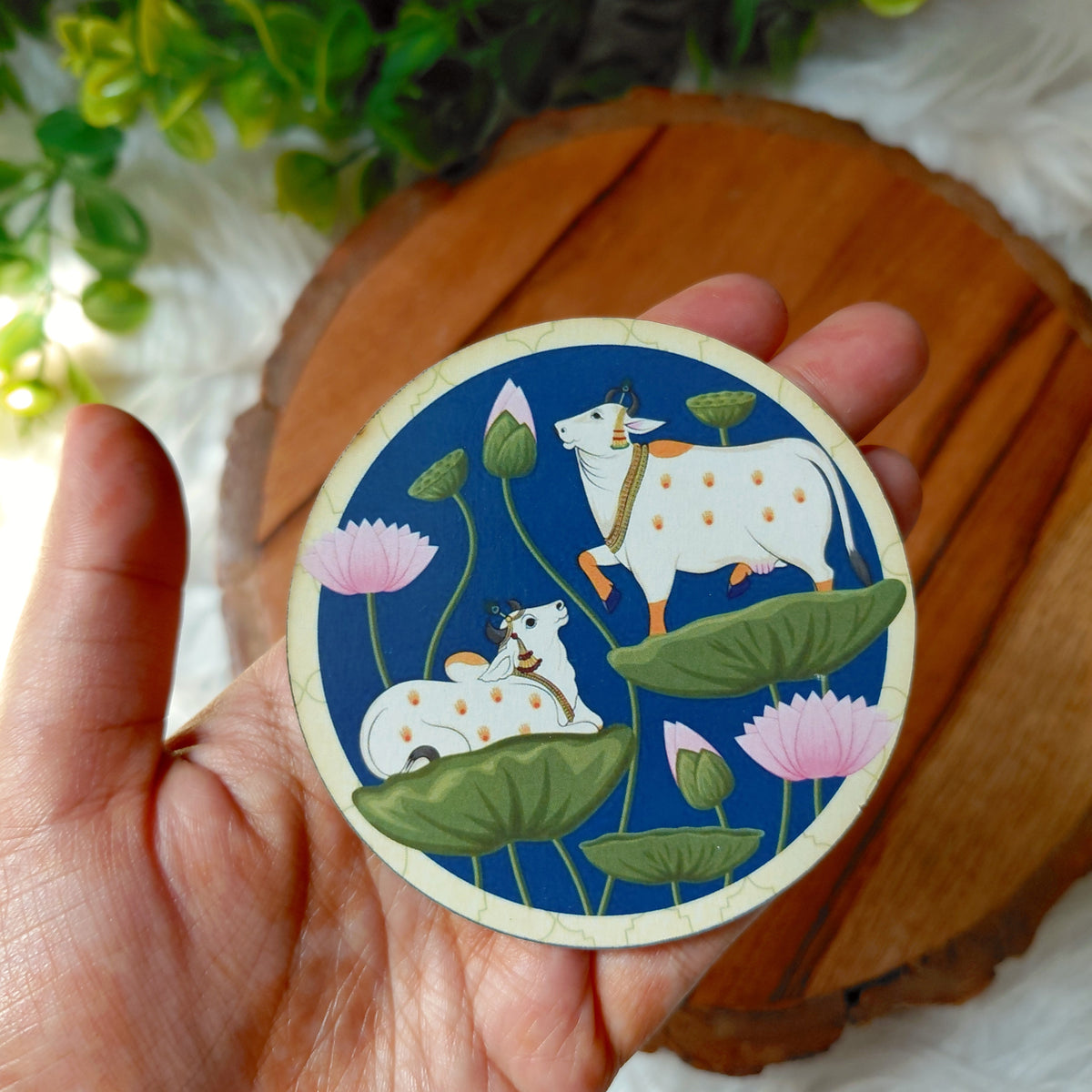 MDF Round Pichwai Cow - Printed Wooden Ethnic Cutouts - Diwali DIY Decoratives