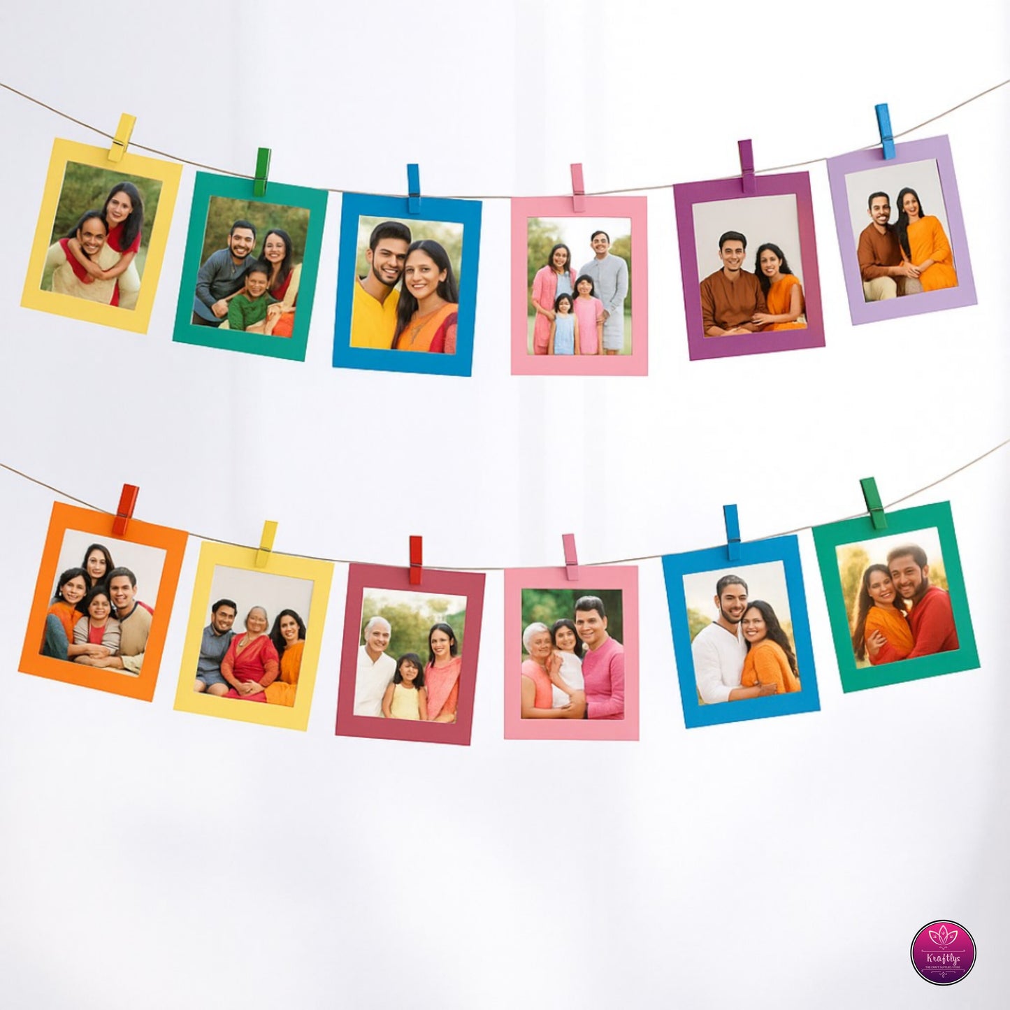 Colorful photo frames with family pictures hanging on a thread against a wall