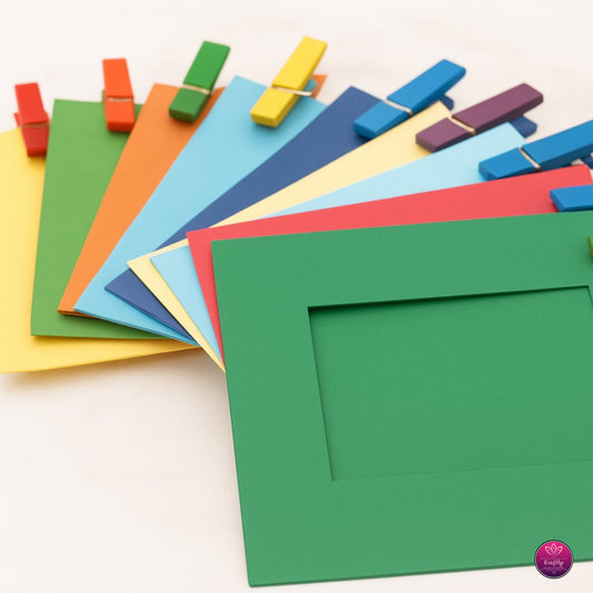 Colorful paper frames with clothespins on a white background