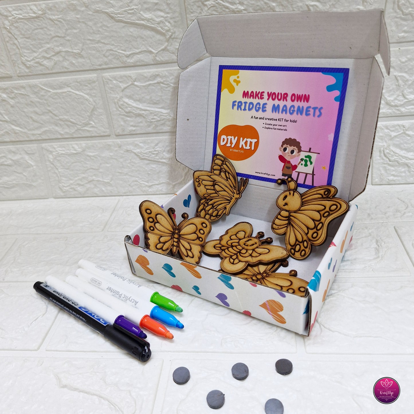 DIY kit for making butterfly-shaped fridge magnets with markers and magnets for fine motor skills kids activity