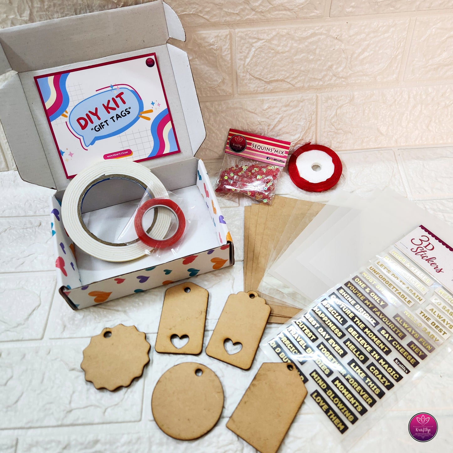 DIY gift tag making kit with wooden tags stickers sequins double-sided tape kraft papers vellum acetate sheet
