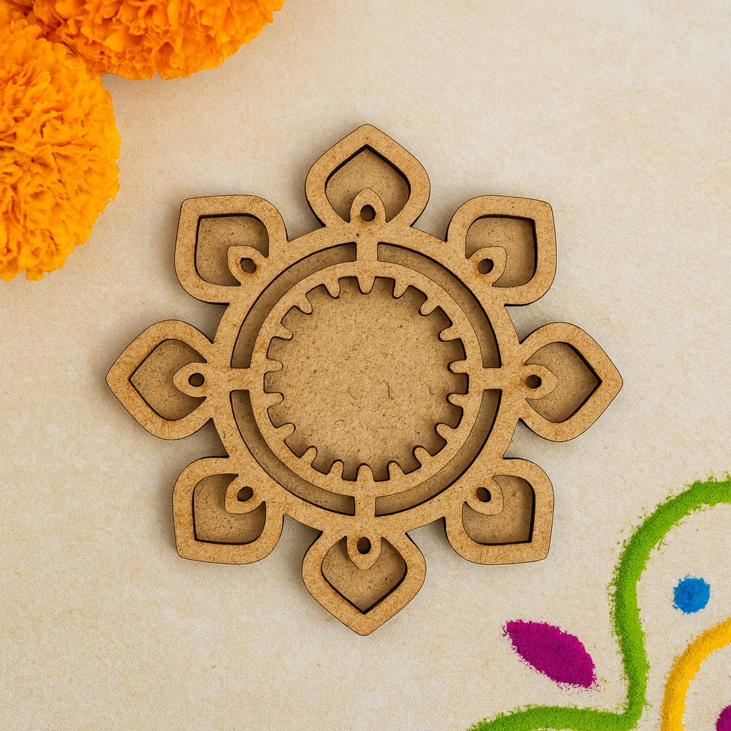 Lotus Shaped MDF Wooden Diwali Decorative T Light Holder - 2 Layered