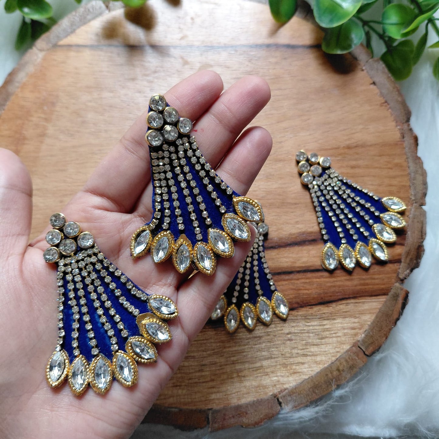 Premium Crystal Blue Fan Shaped Booti Patch 2pcs - Elegant HandCrafted Diwali DIY Booti Decoration