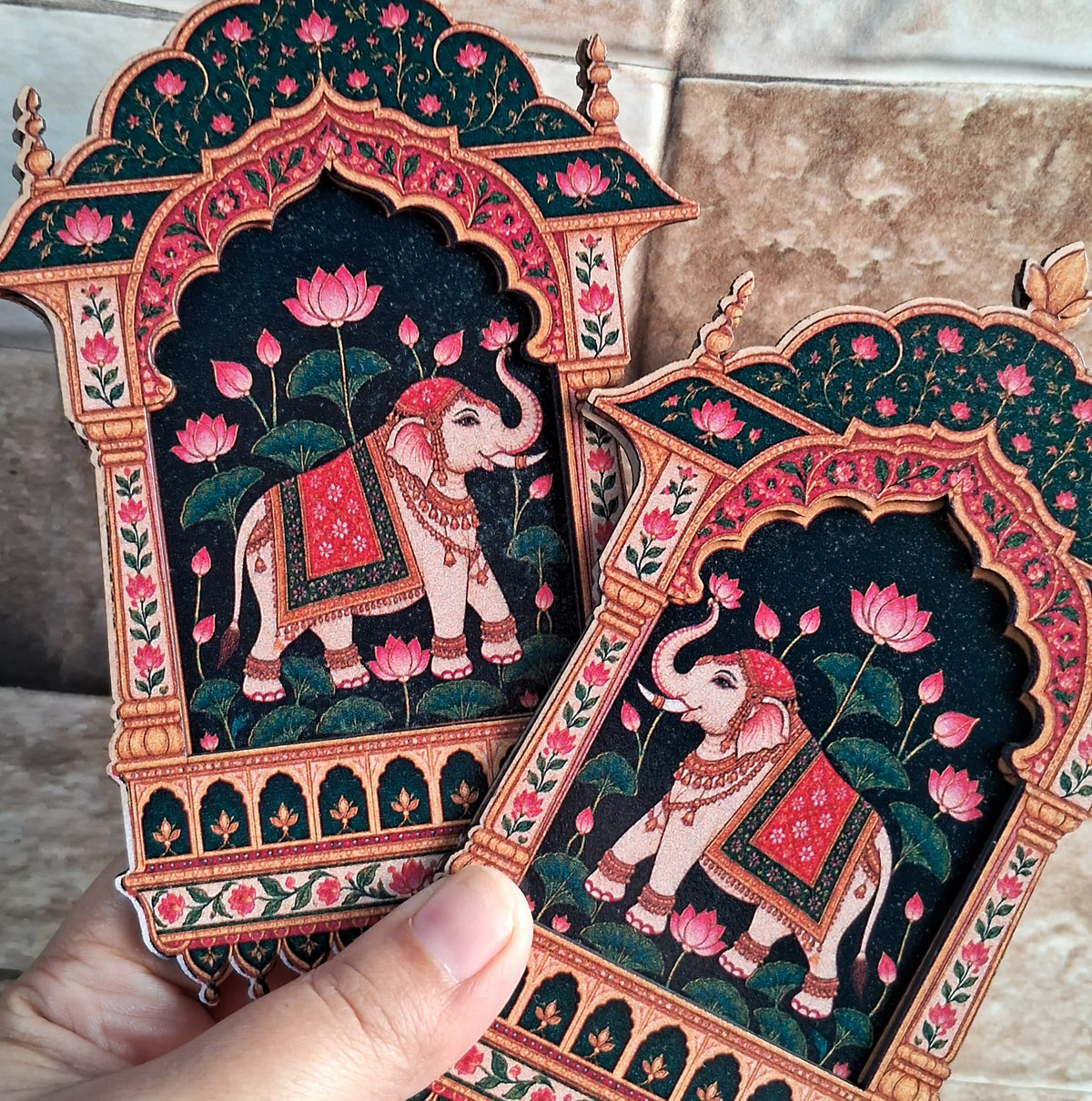 MDF Elephant Jharokha Pair - 2 layered - Printed Wooden Pichwai Ethnic Cutouts - Diwali DIY Decoratives