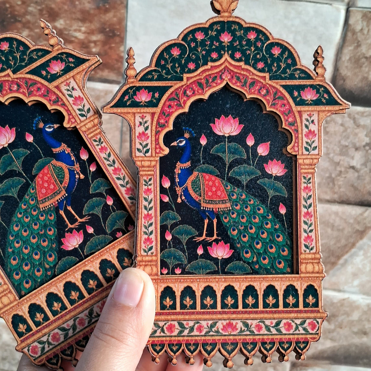 MDF Peacock Jharokha Pair - 2 layered - Printed Wooden Pichwai Ethnic Cutouts - Diwali DIY Decoratives
