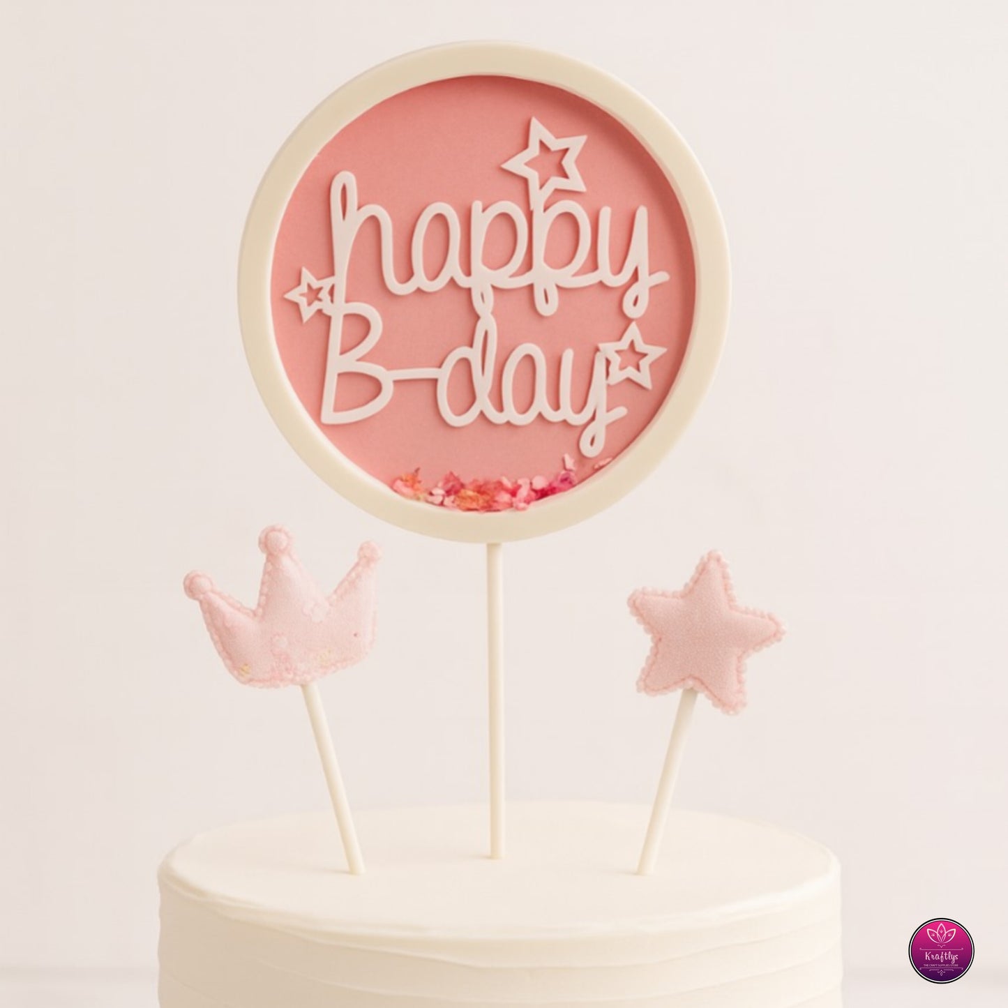 Pink & White Shaker "Happy B-day" Cake Topper Set - Crown & Star Accents