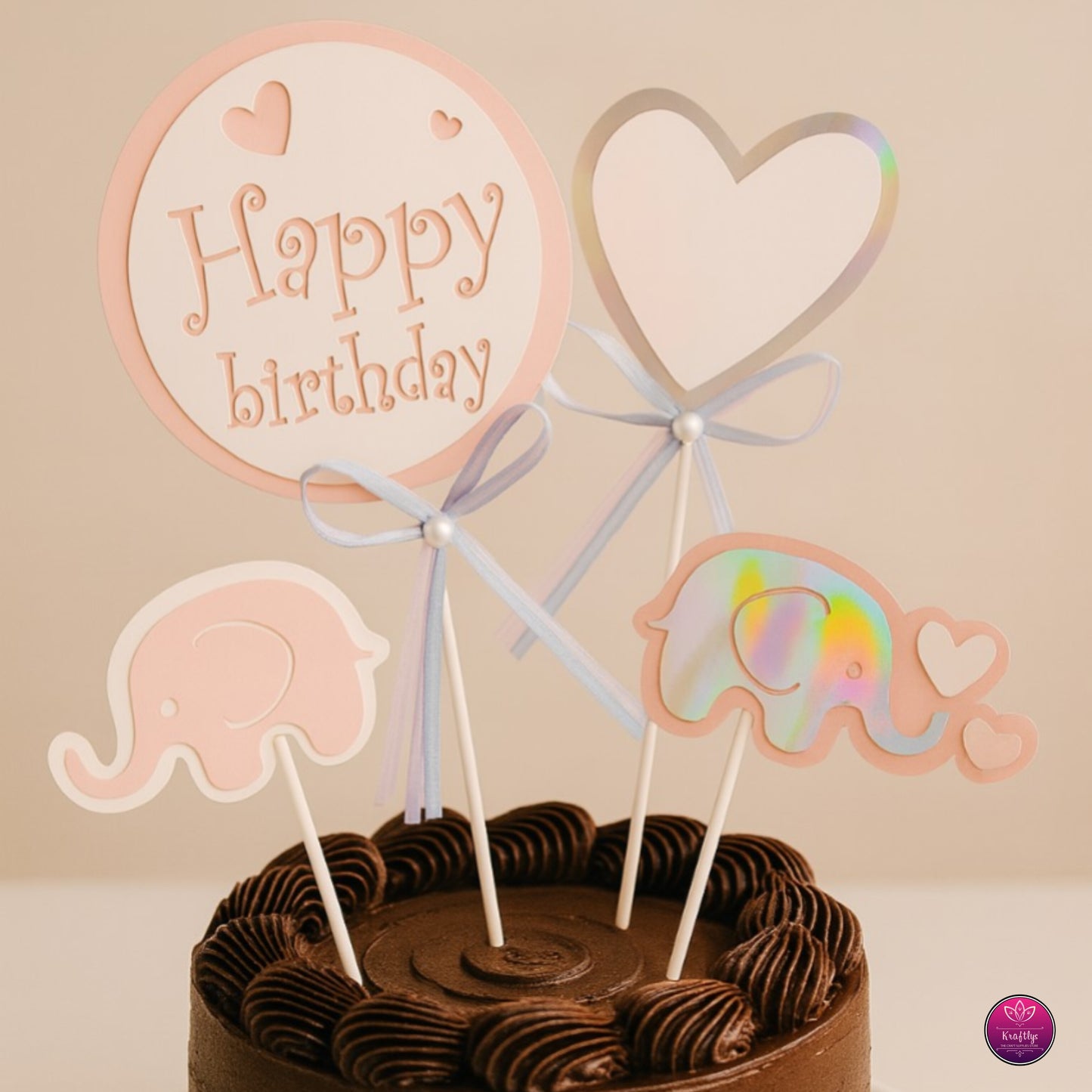 Pastel Pink Elephant & Holographic Heart "Happy Birthday" Cake Topper Set