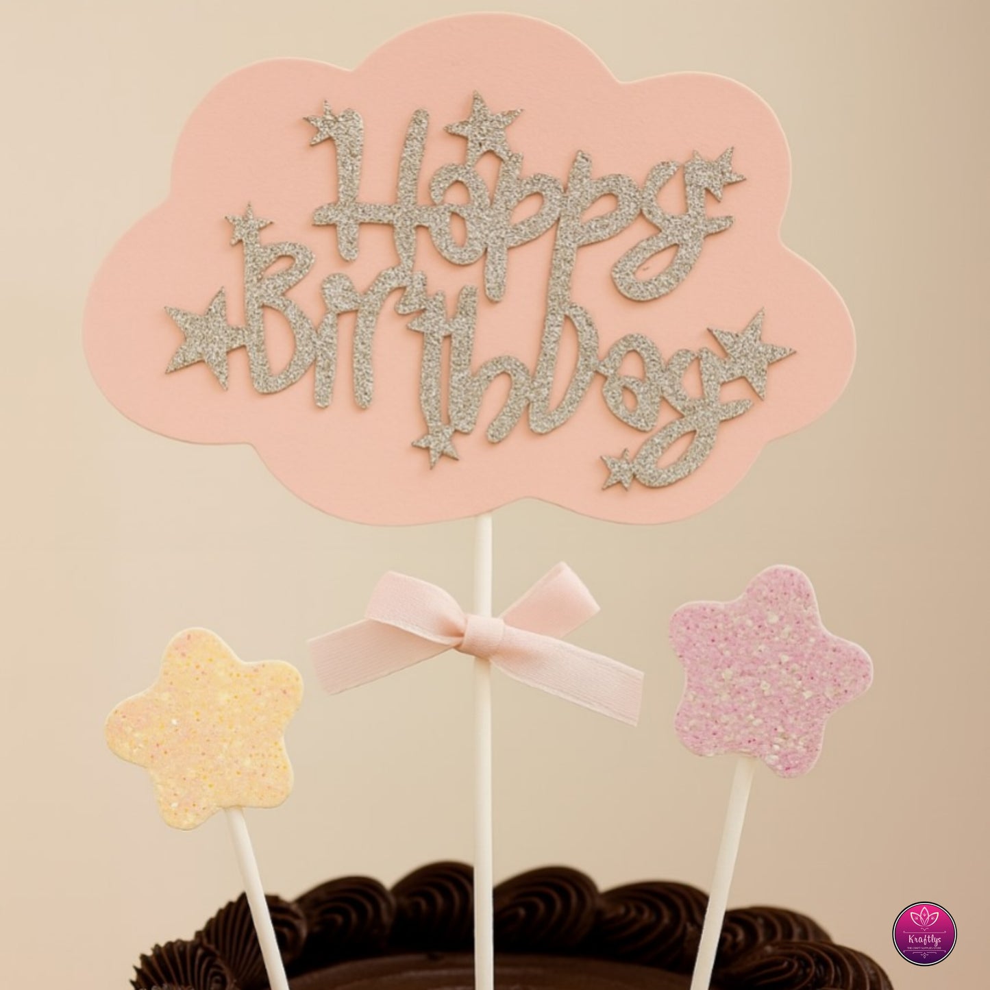 Pink Cloud & Glitter Star "Happy Birthday" Cake Topper Set - Cute & Sparkling