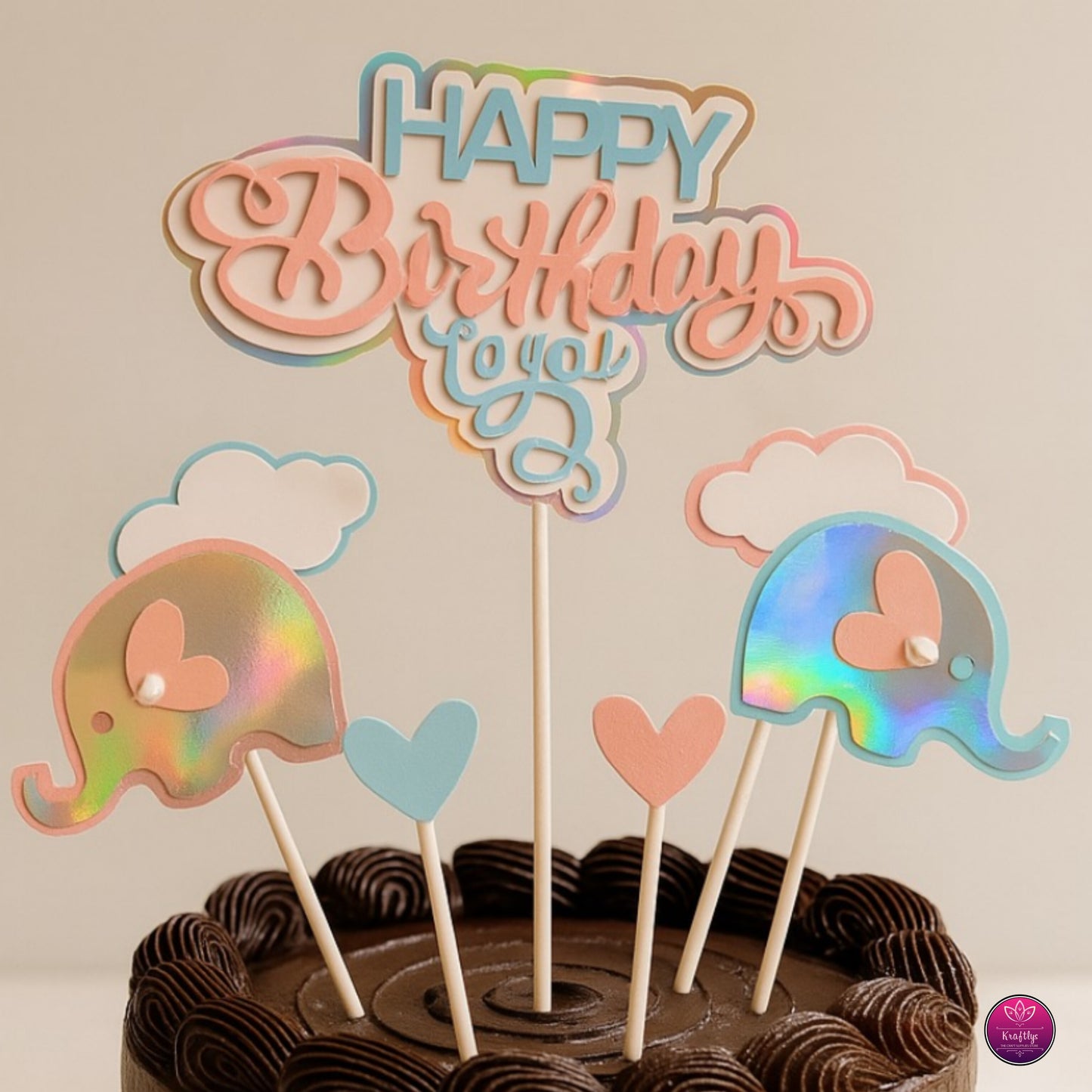 Holographic Elephant & Pastel Cloud Cake Topper Set - "Happy Birthday" Theme