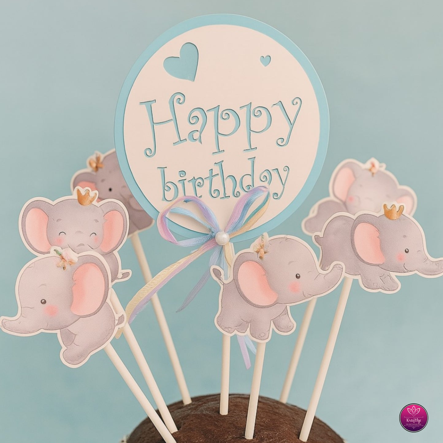 Cute Elephant & Baby Blue "Happy Birthday" Cake Topper Set with Pastel Bow