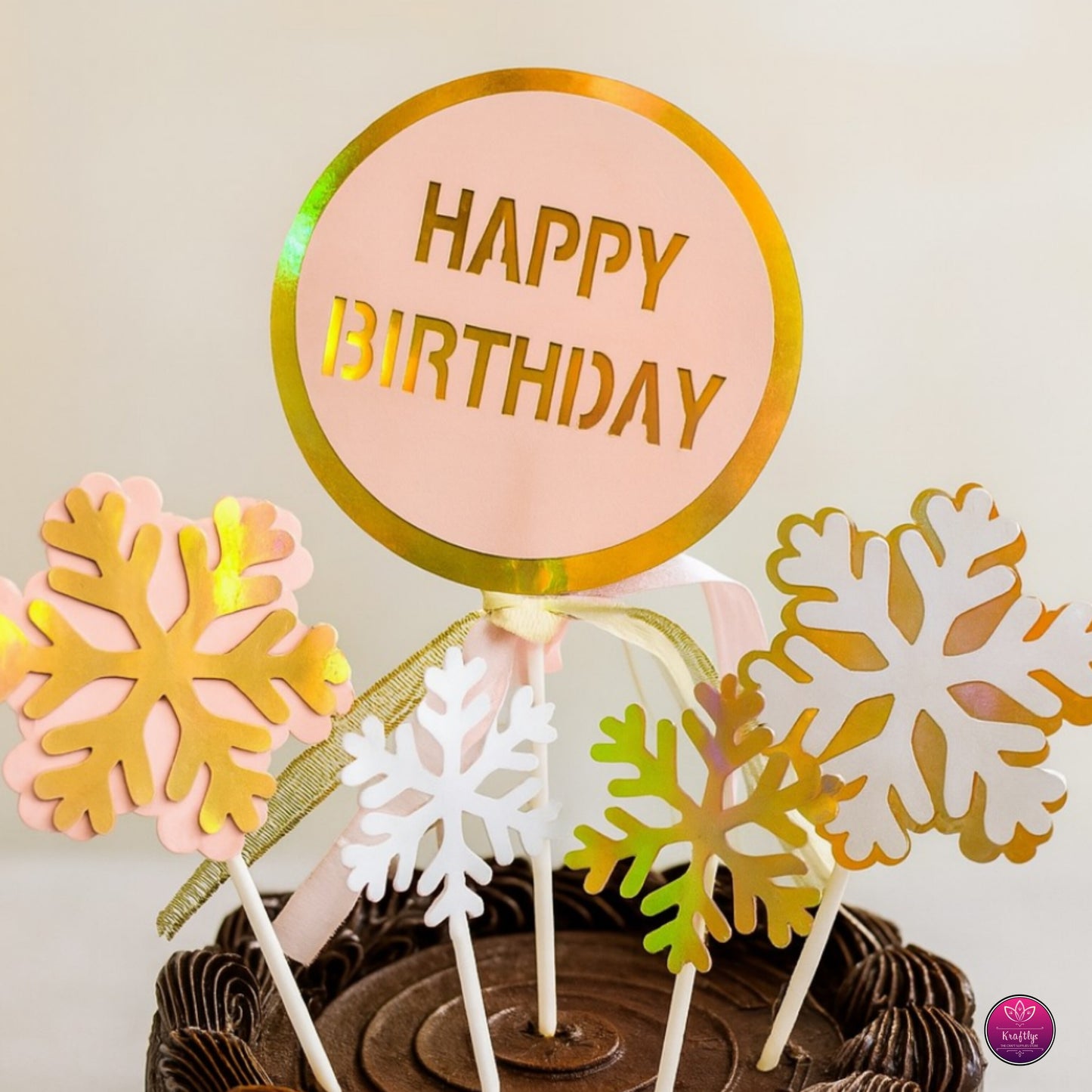 Winter Wonderland Snowflake "Happy Birthday" Cake Topper Set - Gold, Pink & Holographic