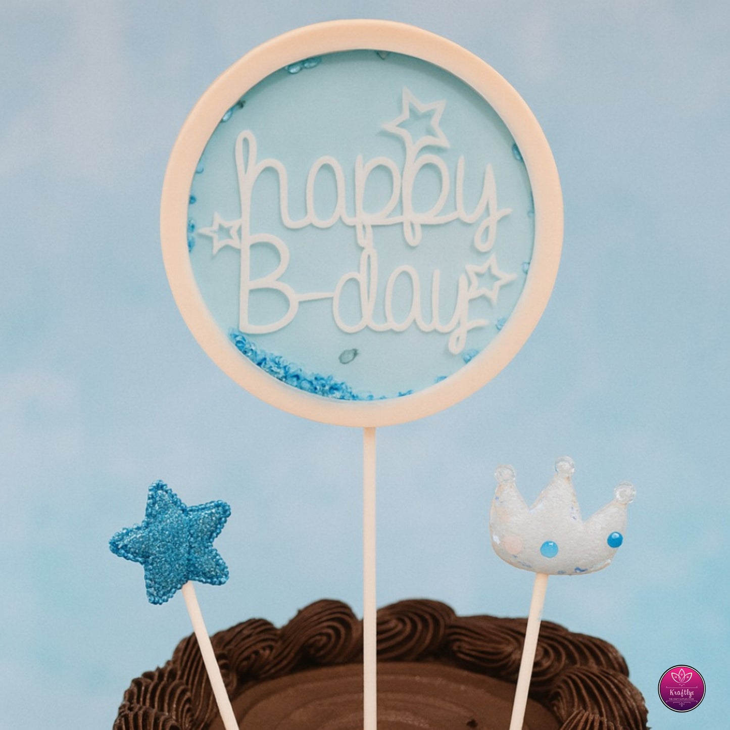 Blue & White Shaker "Happy B-day" Cake Topper Set with Star & Crown