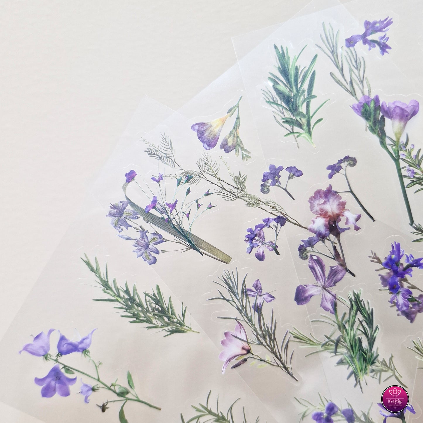 Set of 6 - CUTE TRANSPARENT PINTERESTY FLORAL STICKER - PURPLE FLOWERS