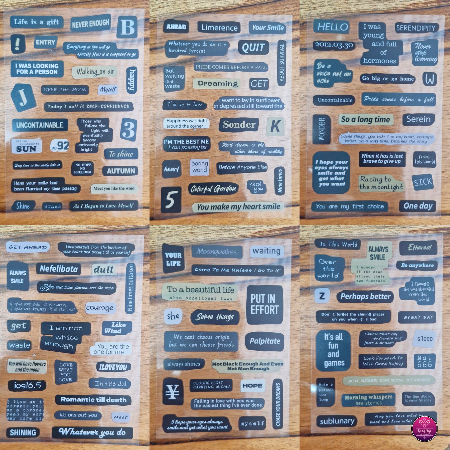Set of 6 - CUTE TRANSPARENT PINTERESTY WORDINGS STICKER - BLACK & WHITE