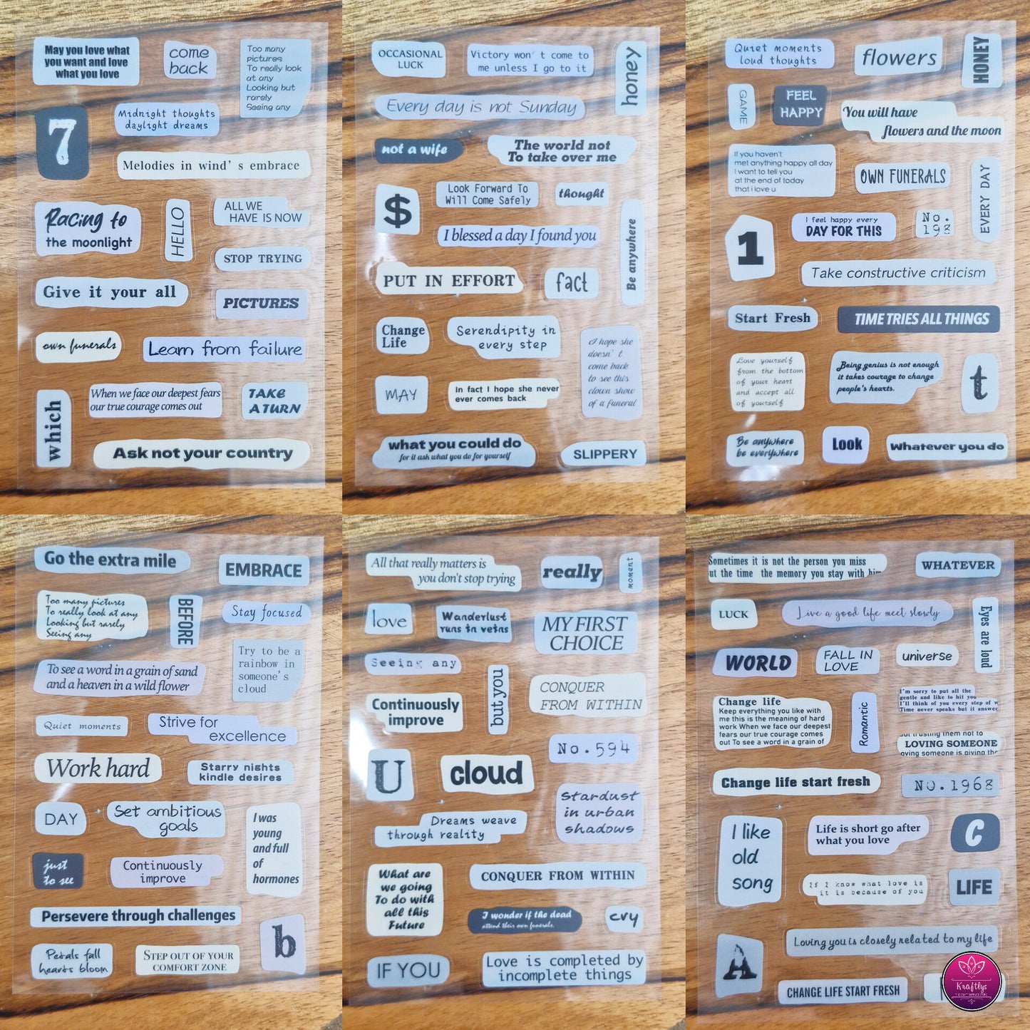 Set of 6 - CUTE TRANSPARENT PINTERESTY WORDINGS STICKER - BEIGE