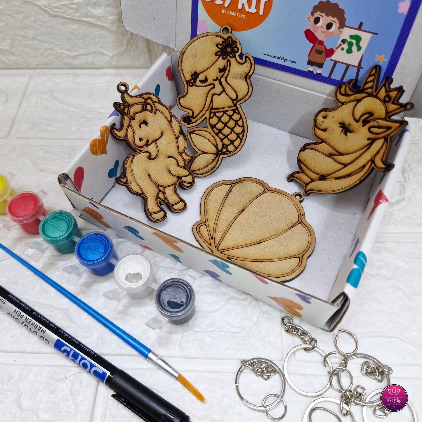 DIY Wooden Keychain Painting Kit for Kids – Unicorn & Mermaid (Creative Art & Craft Set)