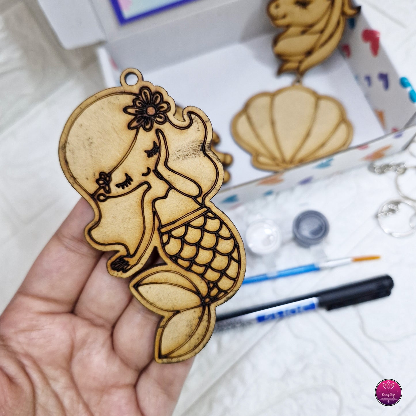 DIY Wooden Keychain Painting Kit for Kids – Unicorn & Mermaid (Creative Art & Craft Set)