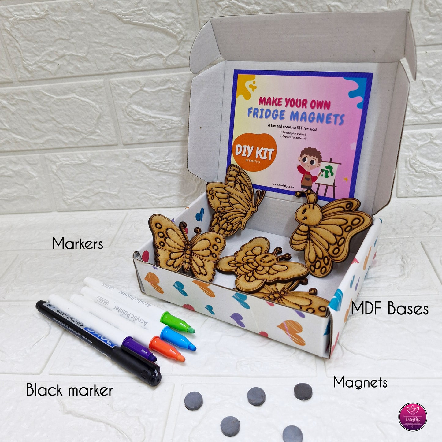 DIY Fridge Magnet Craft Kit for Kids – Butterfly Theme MDF Set with Markers & Magnets