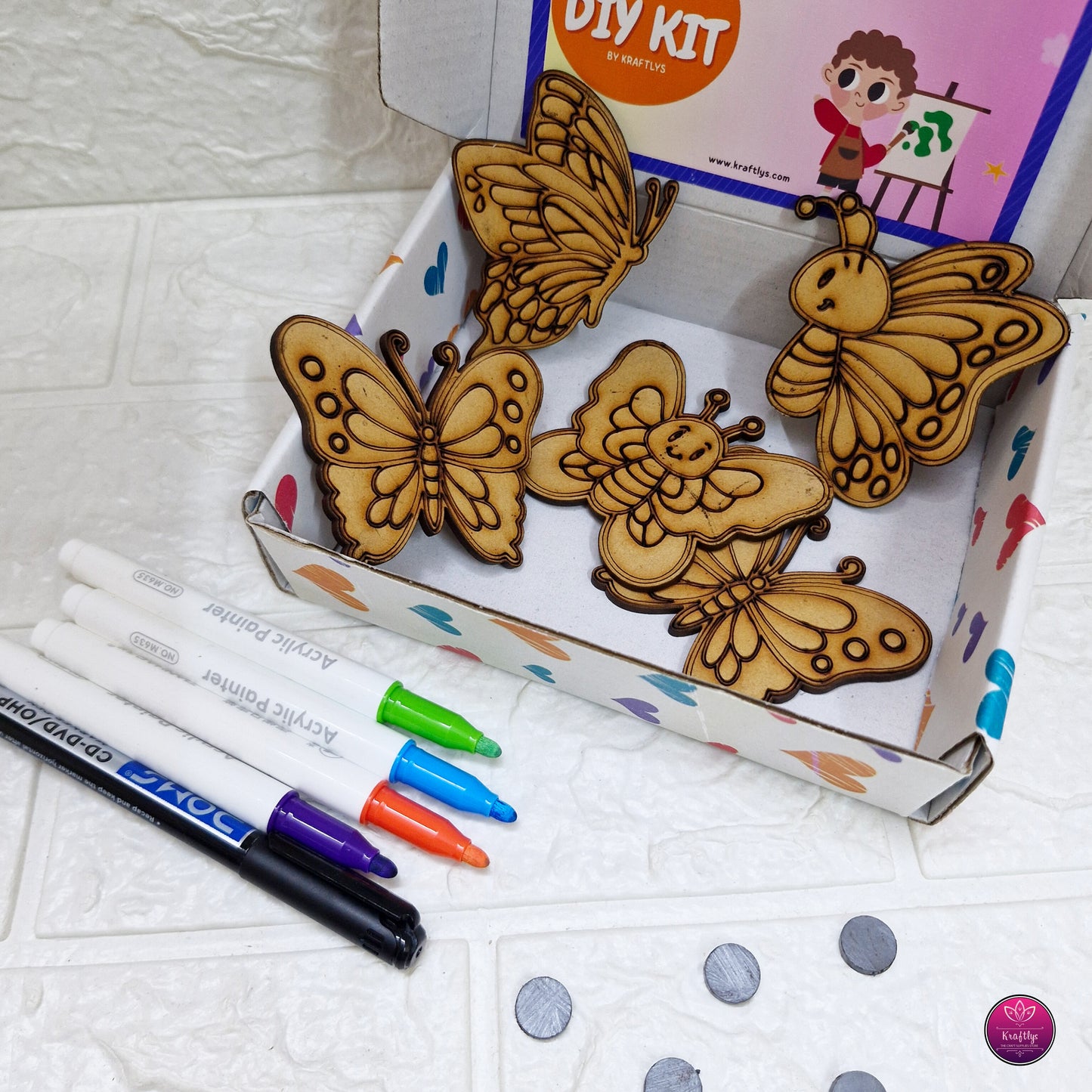 DIY Fridge Magnet Craft Kit for Kids – Butterfly Theme MDF Set with Markers & Magnets