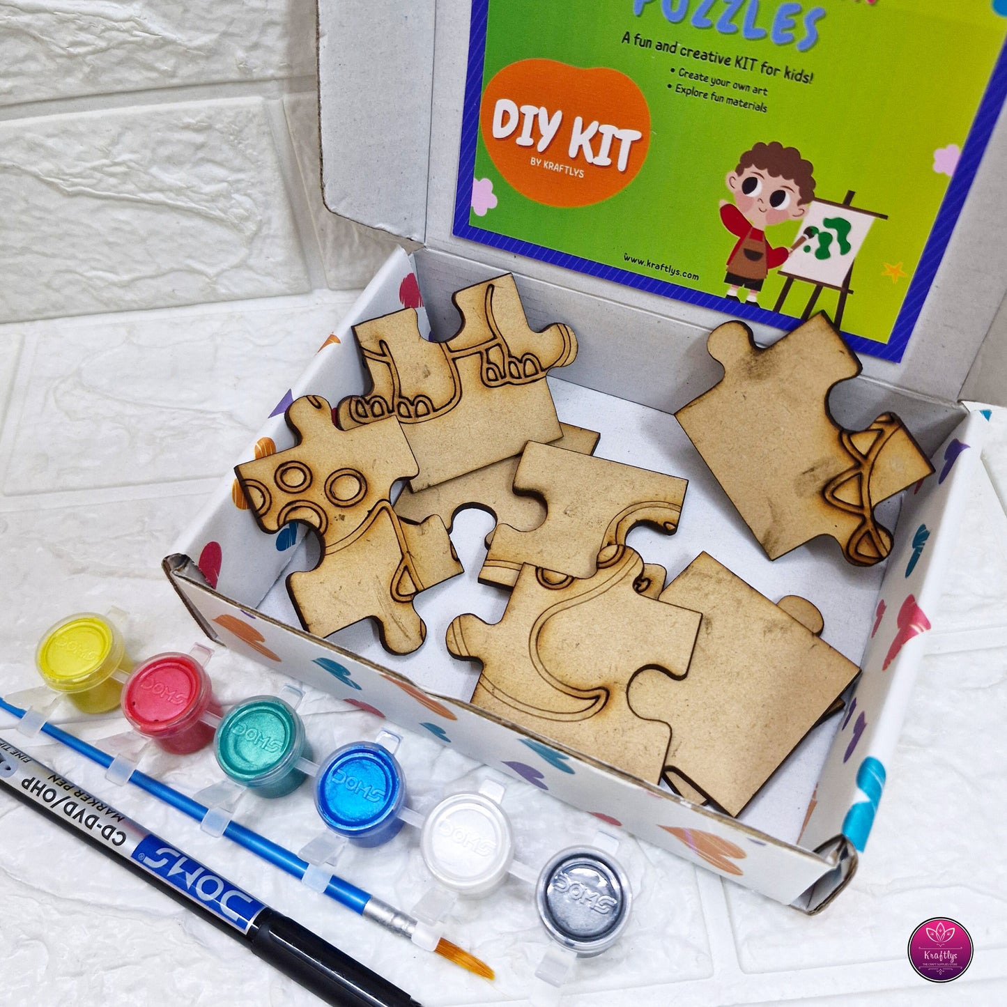 DIY Dinosaur Puzzle Painting Kit for Kids – Wooden Jigsaw Puzzle with Paints, Brush & Marker – Creative Craft Activity Box