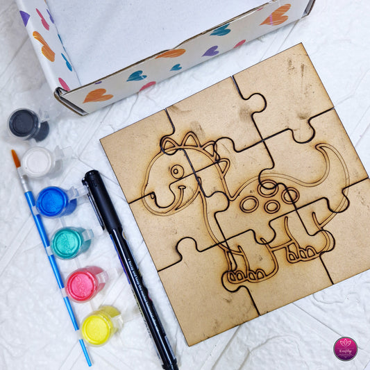 DIY Dinosaur Puzzle Painting Kit for Kids – Wooden Jigsaw Puzzle with Paints, Brush & Marker – Creative Craft Activity Box
