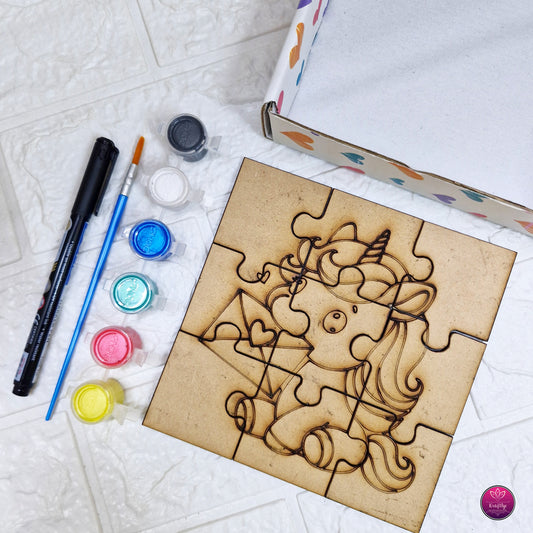 DIY Unicorn Puzzle Painting Kit for Kids – Wooden Jigsaw Puzzle with Paints, Brush & Marker – Creative Craft Activity Box
