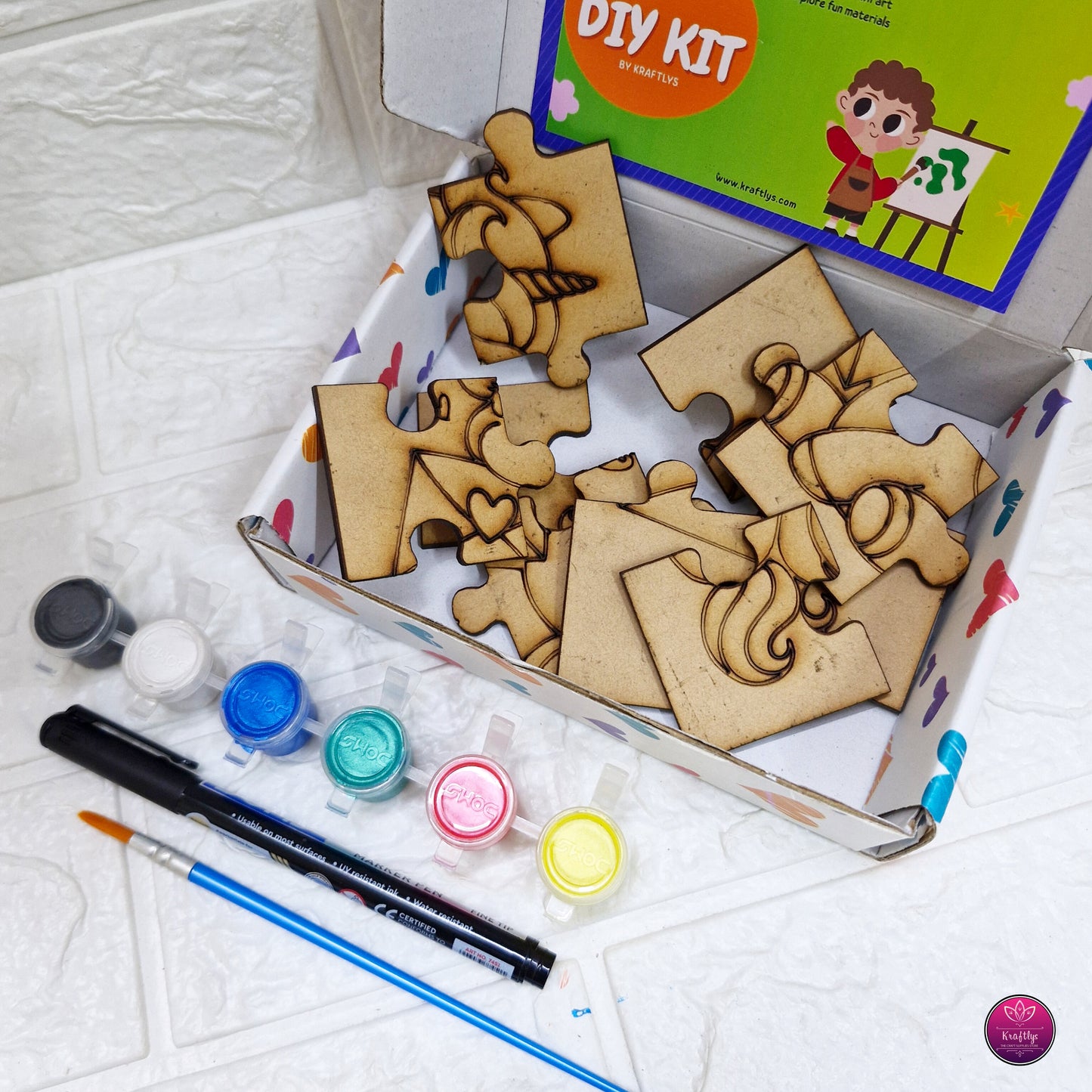 DIY Unicorn Puzzle Painting Kit for Kids – Wooden Jigsaw Puzzle with Paints, Brush & Marker – Creative Craft Activity Box