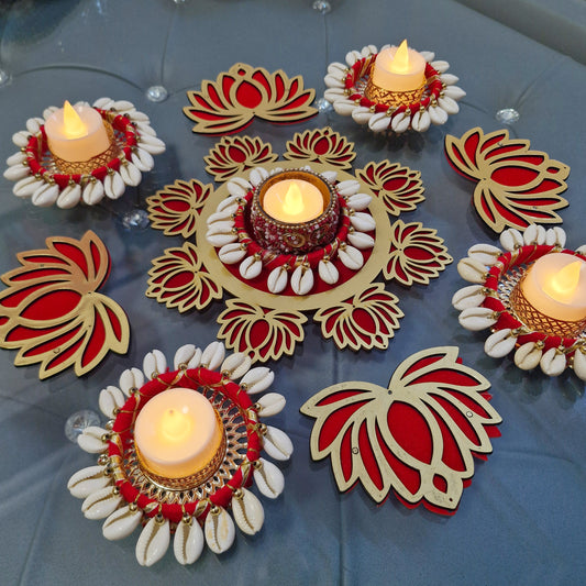 Handcrafted Kodi Shell & Lotus Tealight Holders Set - Diwali Decoration Rangoli Set
