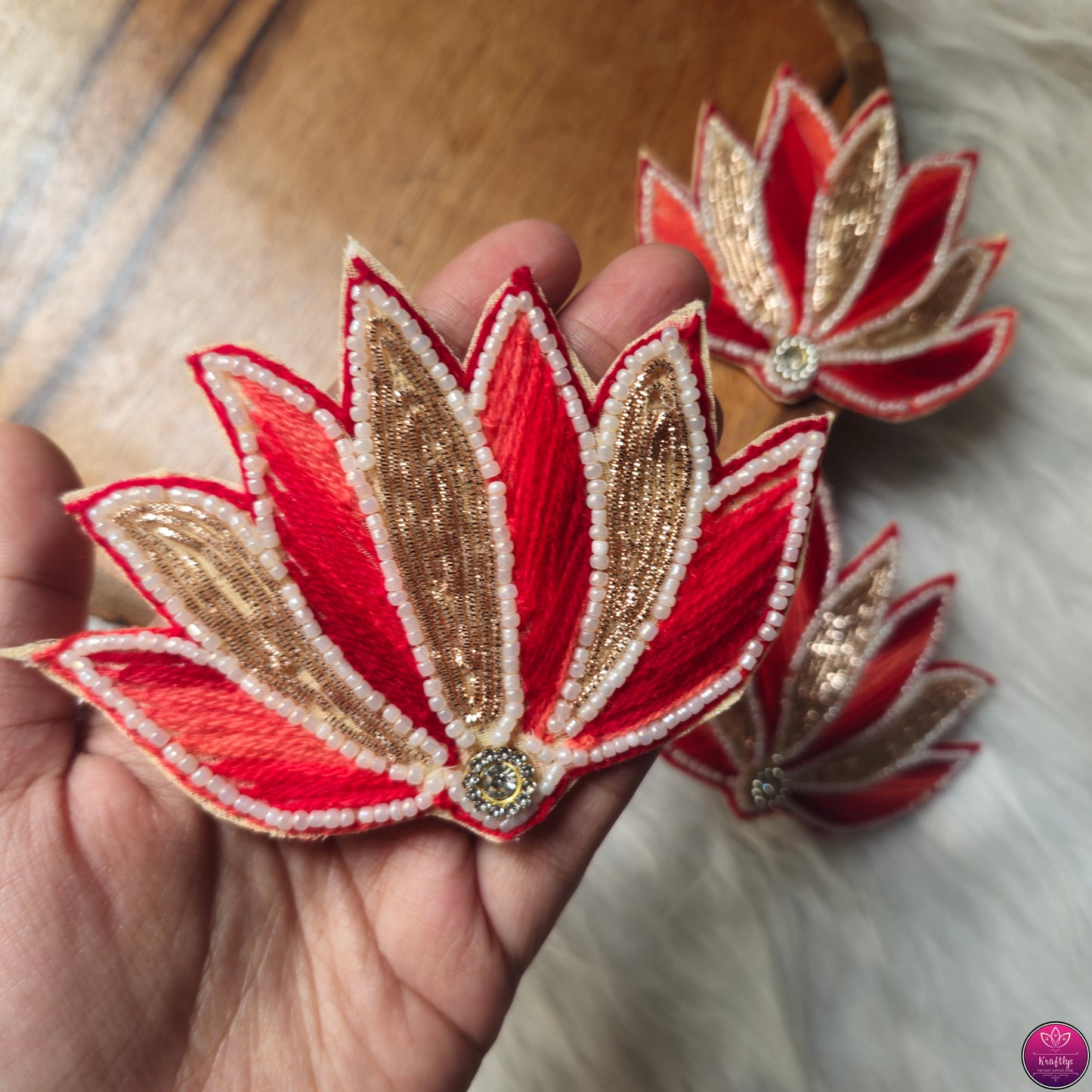 Viral Zari Emroidered & Beaded Lotus Patch 2pcs - Elegant HandCrafted Diwali DIY Booti Decoration