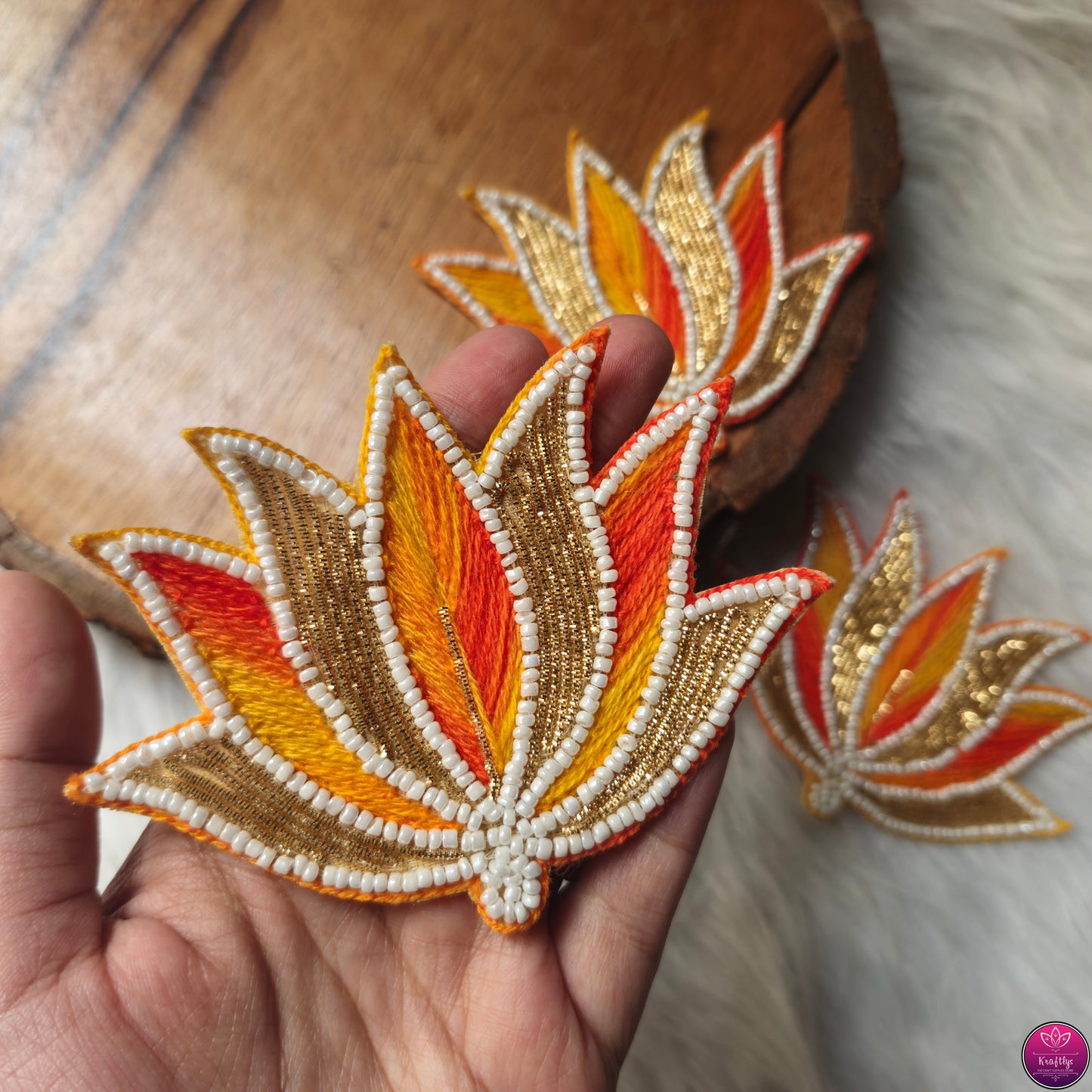 Viral Zari Emroidered & Beaded Lotus Patch 2pcs - Elegant HandCrafted Diwali DIY Booti Decoration
