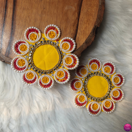 Yellow Beaded Elegant Tea Light Holders 2pc - Handcrafted Floral Fabric Diwali Decorative T Light Holder