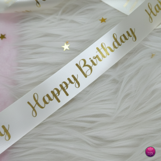 White Satin Ribbon With Gold Foil HAPPY BIRTHDAY - Decorative Gift Wrapping Ribbon Roll
