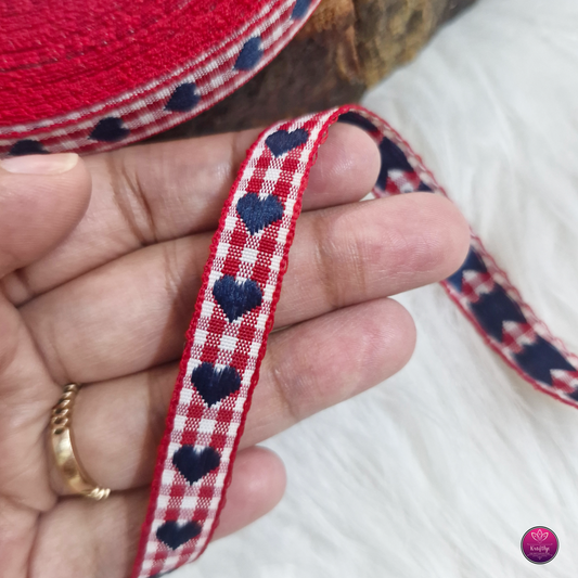 Narrow Red Checked Hearts Woven Ribbon 18 mtrs - Decorative Gift Wrapping Ribbon Roll