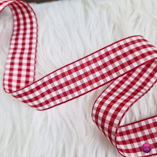 1 inch Red Checked Woven Ribbon 18 mtrs - Decorative Gift Wrapping Ribbon Roll