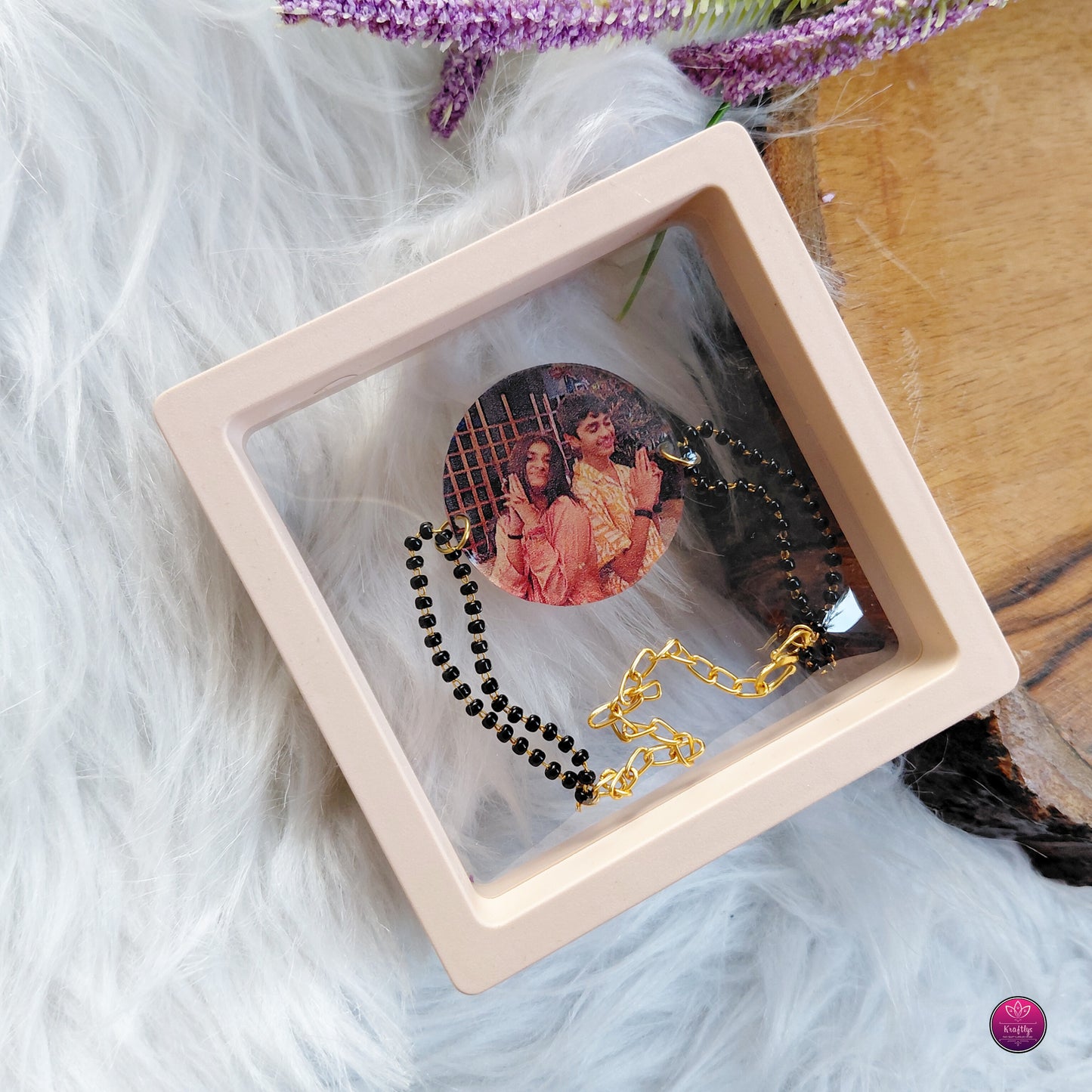 Personalized Acrylic Photo Rakhi Black Beads Bracelet- Custom Picture Mangalsutra Bhabhi Rakhi