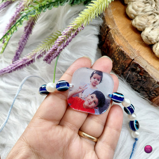 Personalized Acrylic Photo Rakhi Evil Eye Beads- Custom Picture Rakhi