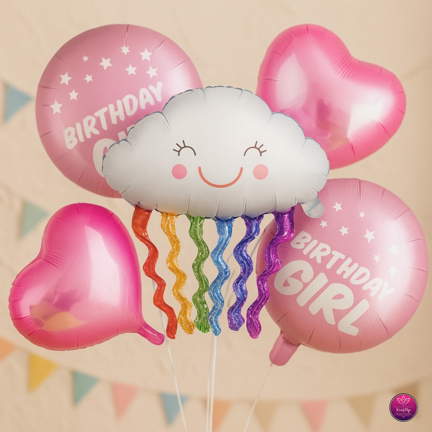 Pink birthday girl foil balloon set with smiling cloud, rainbow streamers, and heart-shaped pink helium printed balloons.