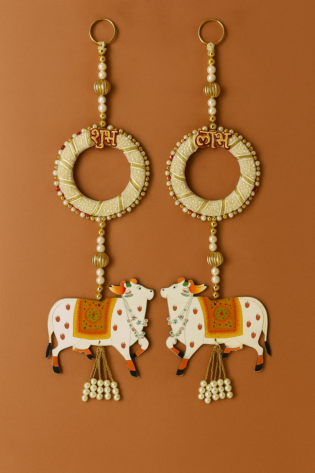 Ethnic MDF Pichwai Cow Shubh Laabh Handmade Decorative Latkan for Diwali – Door Hanging Toran for Festive Home Décor