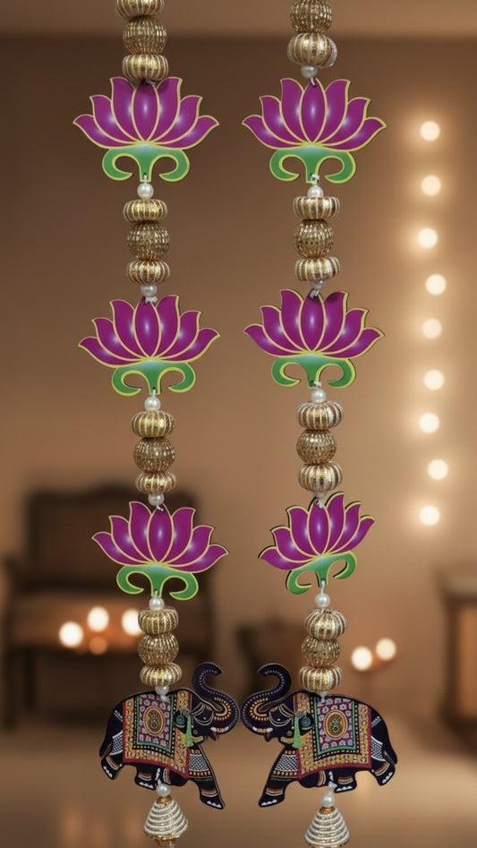 MDF Pichwai Elephant & Lotus Shubh Laabh Handmade Decorative Latkan for Diwali – Door Hanging Toran for Festive Home Décor