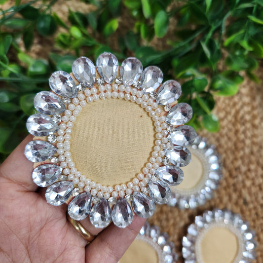 White Pearl Stone Buti Patches 2pc - Handcrafted Floral Crystal Diwali Decorative T Light Holder