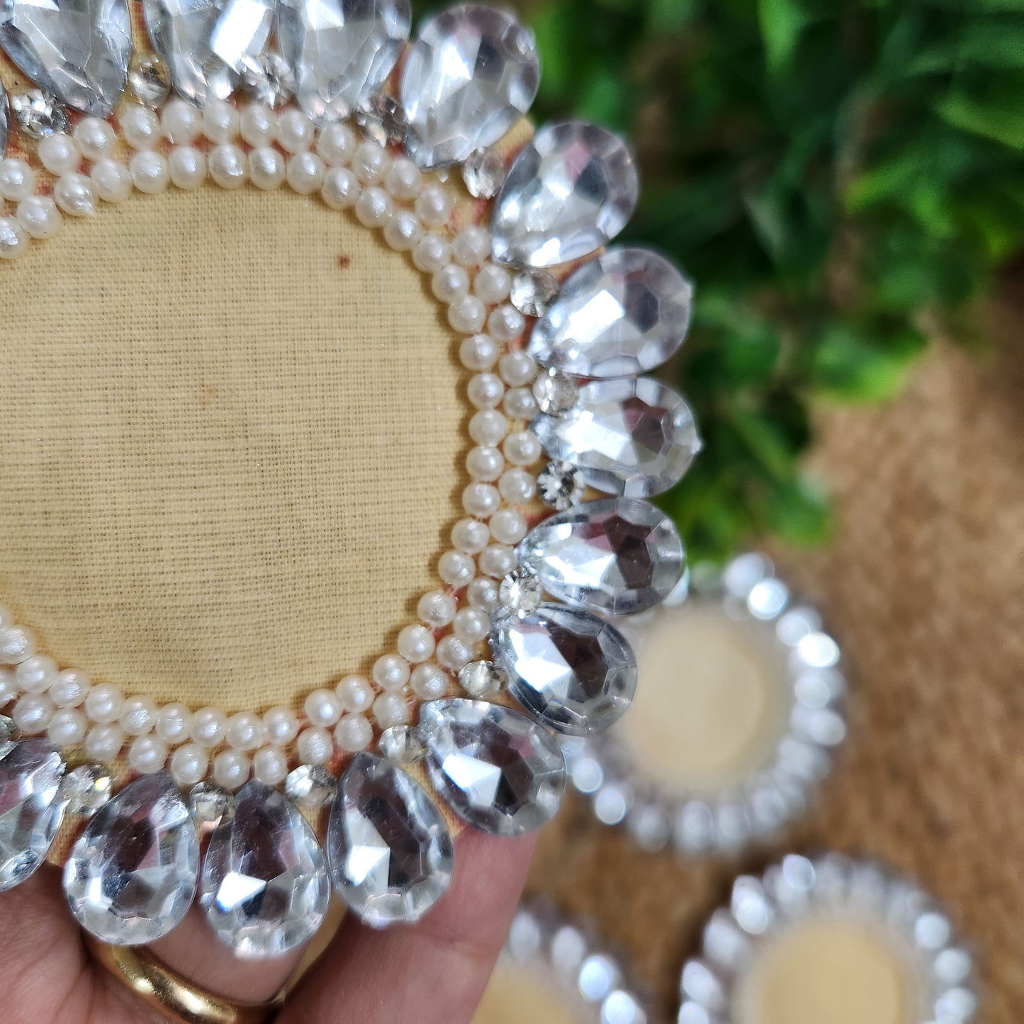 White Pearl Stone Buti Patches 2pc - Handcrafted Floral Crystal Diwali Decorative T Light Holder