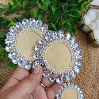 White Pearl Stone Buti Patches 2pc - Handcrafted Floral Crystal Diwali Decorative T Light Holder