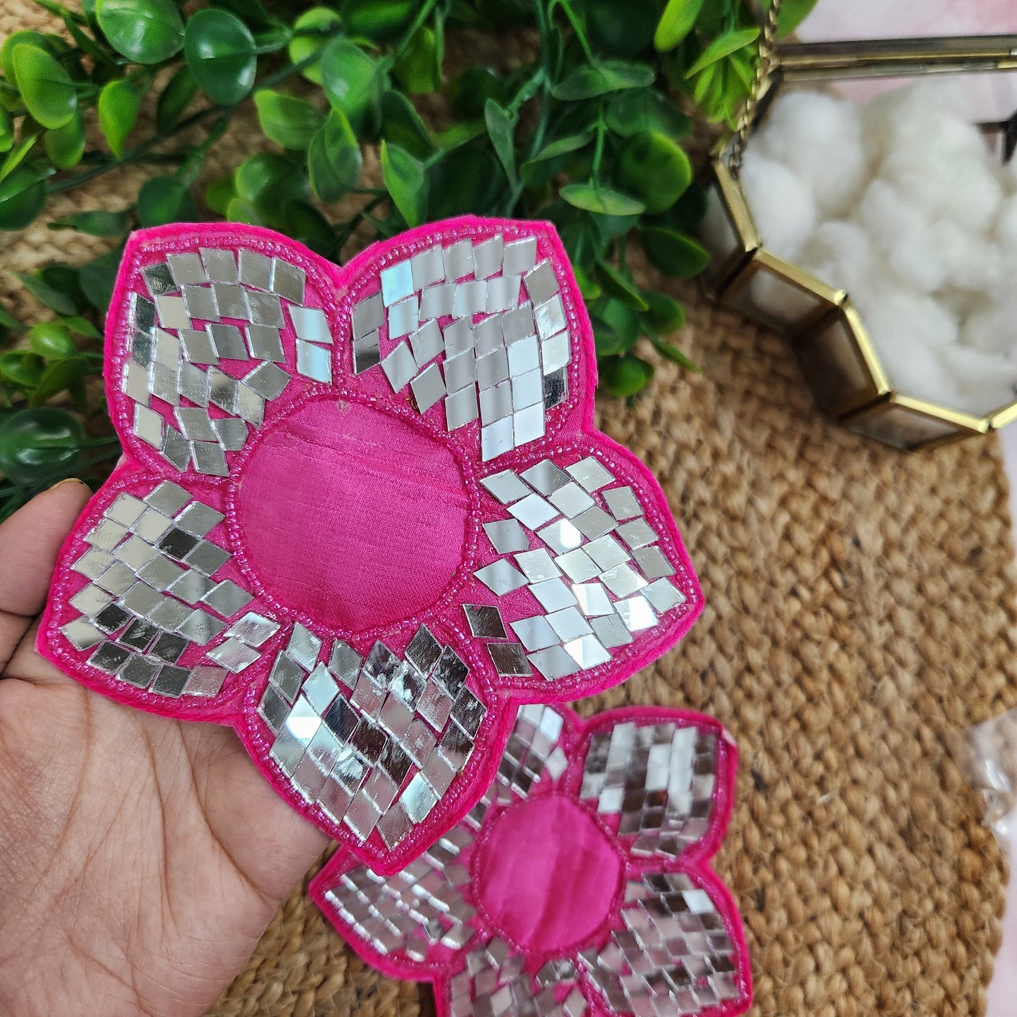 Lotus Beads & Mirror Flower Booti Patch 2pc - Handcrafted Floral Diwali Decorative T Light Holder