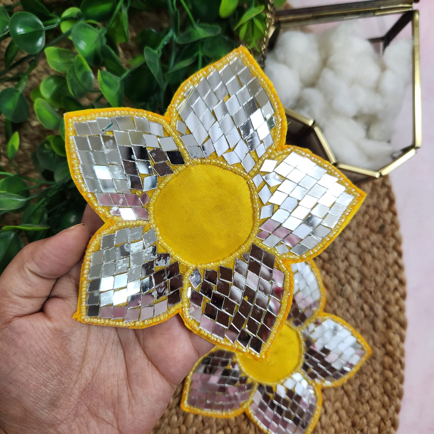 Lotus Beads & Mirror Flower Booti Patch 2pc - Handcrafted Floral Diwali Decorative T Light Holder